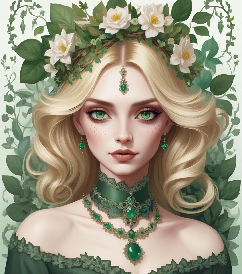  (photorealism:1.2), beautiful blonde woman in a victorian style dress, green on top and brown on the bottom, with beautiful flowers on top and vines around it, a jade green necklace and a crown of beautiful flowers and thorns, with makeup inspired by nature