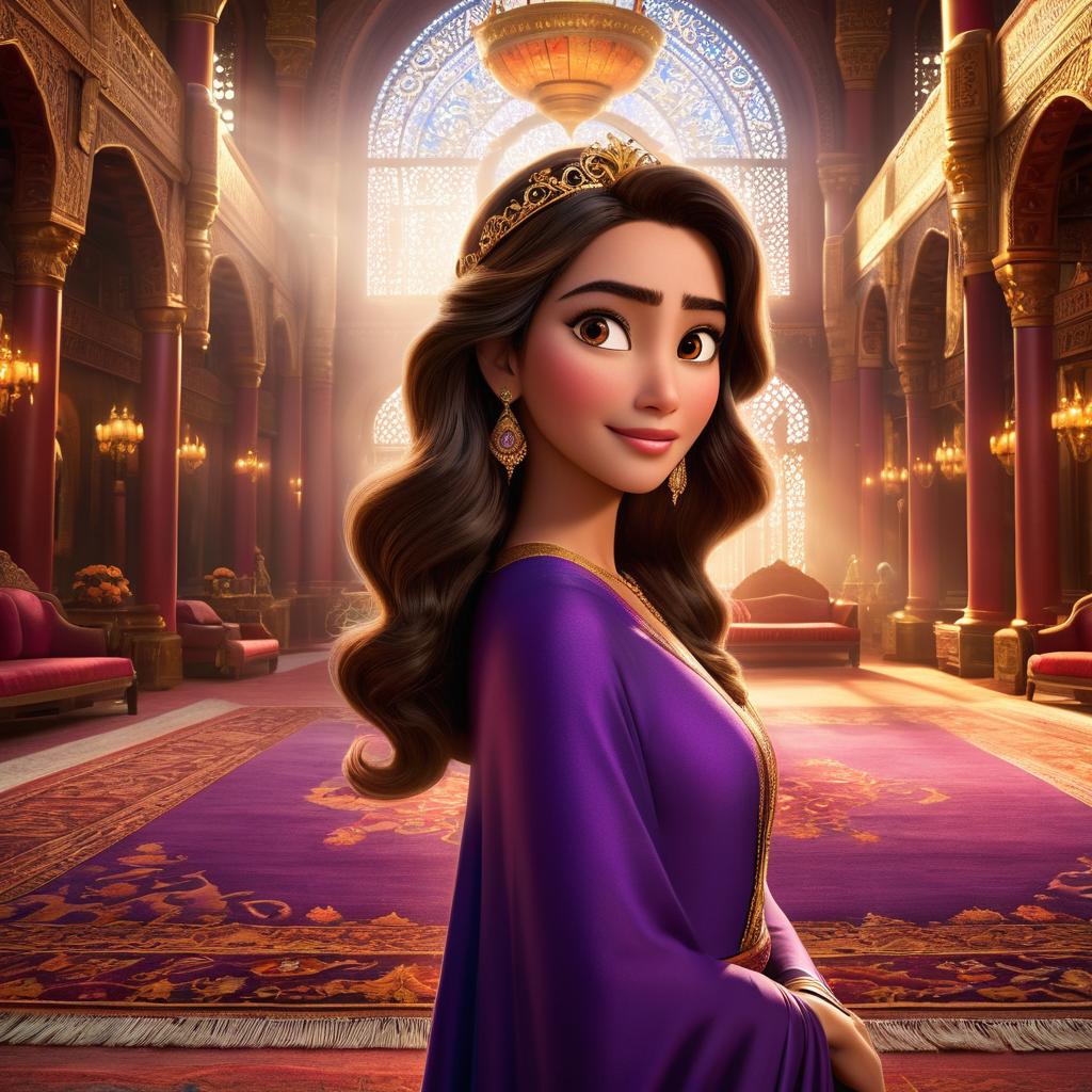  in 3d animated movie style. disney pixar style. {"prompt":{"1. subject description":"laila, a old inheriting the throne, long brown hair","2. environment description":"grand palace hall with persian rugs, royal advisors looking skeptically","3. art style":"high resolution pixar 3d animated film","4. color and light":"rich golds, deep purples, soft warm lighting for regal atmosphere","5. camera angle and composition":"bird's eye view showing laila's confidence, determination, grace"}}