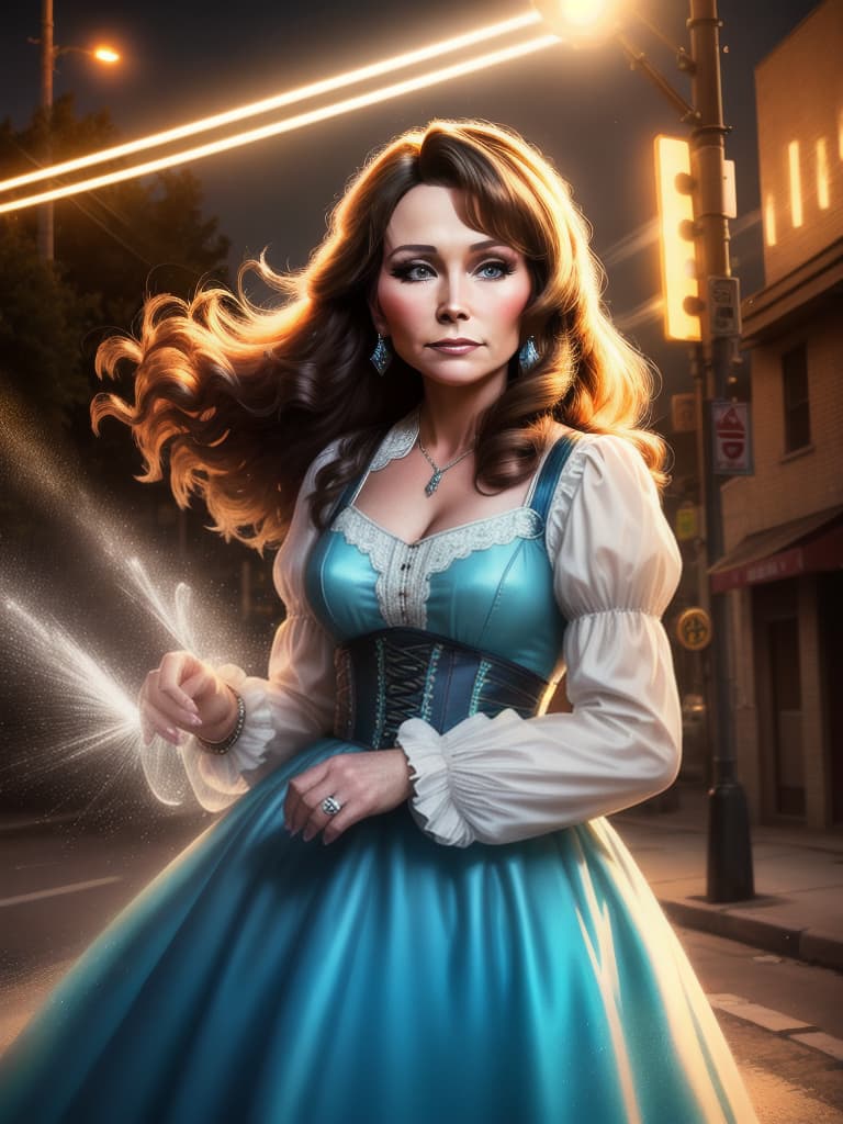  The young country singer Loretta Lynn, medium shot, upper body, spotlight, long exposure lighting, street art style spray paint, glamour lighting