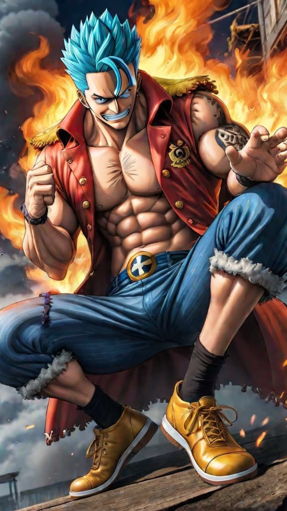  anime art of franky (one piece) burning the pluton blueprints to protect the world from chaos. hyperrealistic, full body, detailed clothing, highly detailed, cinematic lighting, stunningly beautiful, intricate, sharp focus, f/1. 8, 85mm, (centered image composition), (professionally color graded), ((bright soft diffused light)), volumetric fog, trending on instagram, trending on tumblr, HDR 4K, 8K