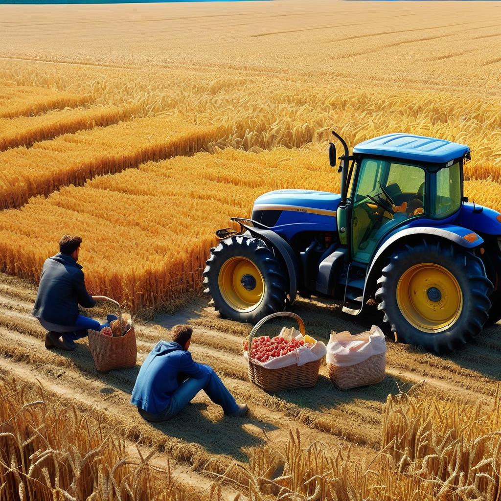  autumn, autumn sky, autumn sun, wheat field, there is a tractor on the field, next to the rear wheel of the tractor, in the shadow of the tractor, close up, two peasants in love are sitting on the ground, a woman and a man are holding hands and kissing, there is a basket with bags of food nearby, they are dressed in work overalls, watercolor landscape, highly detailed, perfect composition, digital painting, artstation, concept art, smooth, sharp focus, highly detailed, extremely detailed, delicate detail, sharp quality, ultra realistic, hyper realistic,