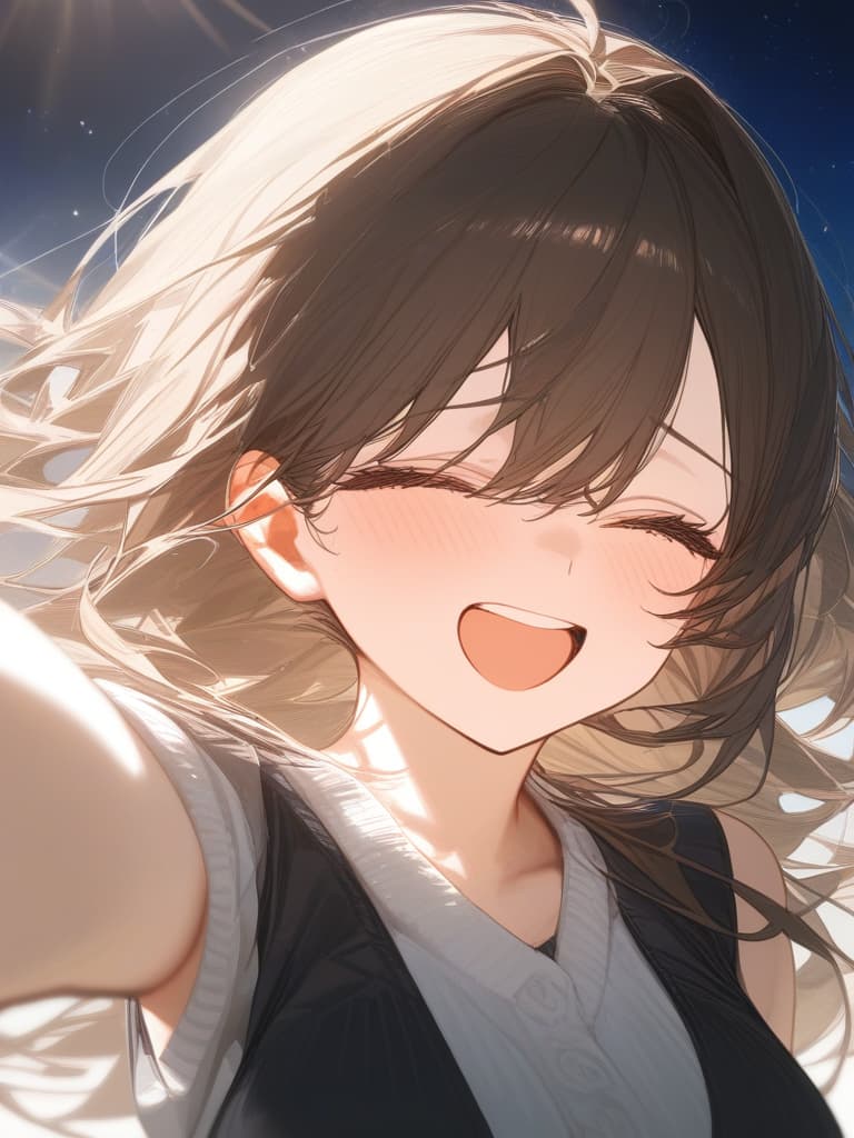  a girl laughing at me, bright brown hair, long hair, transparent ephemeral, black sleeveless dress, white cardigan, whole body facing in front, laughing, laughing, starry sky under, masterpiece, best quality,8k,ultra detailed,high resolution,an extremely delicate and beautiful,hyper detail