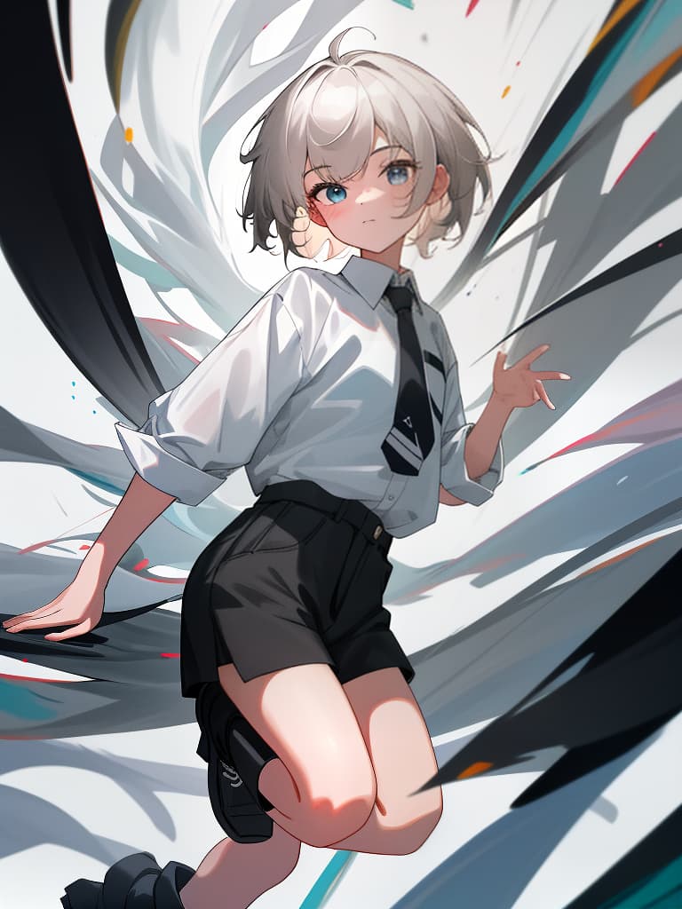  boyish girl, white shirt, tie, boots, black shorts, masterpiece, best quality,8k,ultra detailed,high resolution,an extremely delicate and beautiful,hyper detail