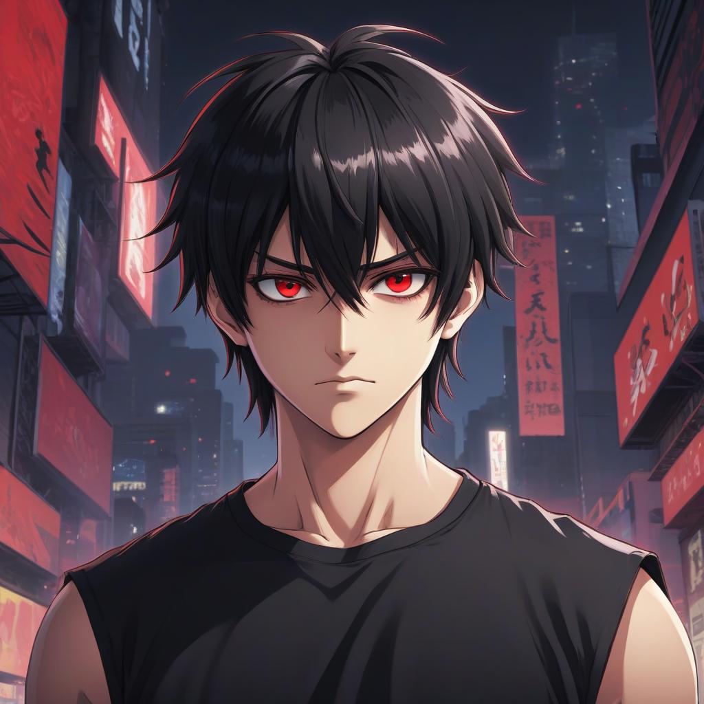  anime artwork the guy with the bangs back, black hair, red eyes, wearing black pants and a black t shirt . anime style, key visual, vibrant, studio anime, highly detailed