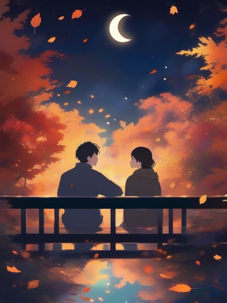  gentle illustration style,masterpiece {male/female couple:1.2}{beautiful man and woman}{gazing up at the night sky:1.2}{sad look}{crescent moon and starry sky}{autumn leaves falling in the night}{high quality,16k,super analysis,absurd