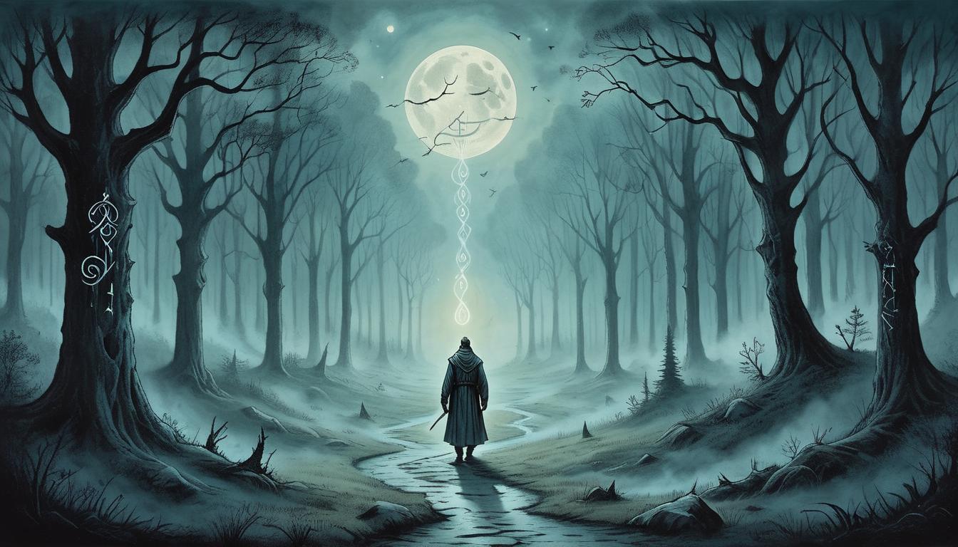  on parchment, surrealism+++, a solitary figure, standing on a moonlit path, ancient runes glowing around, forest shrouded in mist, ethereal glow, symbolizing autonomy, self determined path, unshaken resolve(mysterious, provocative, symbolic,muted color)+++