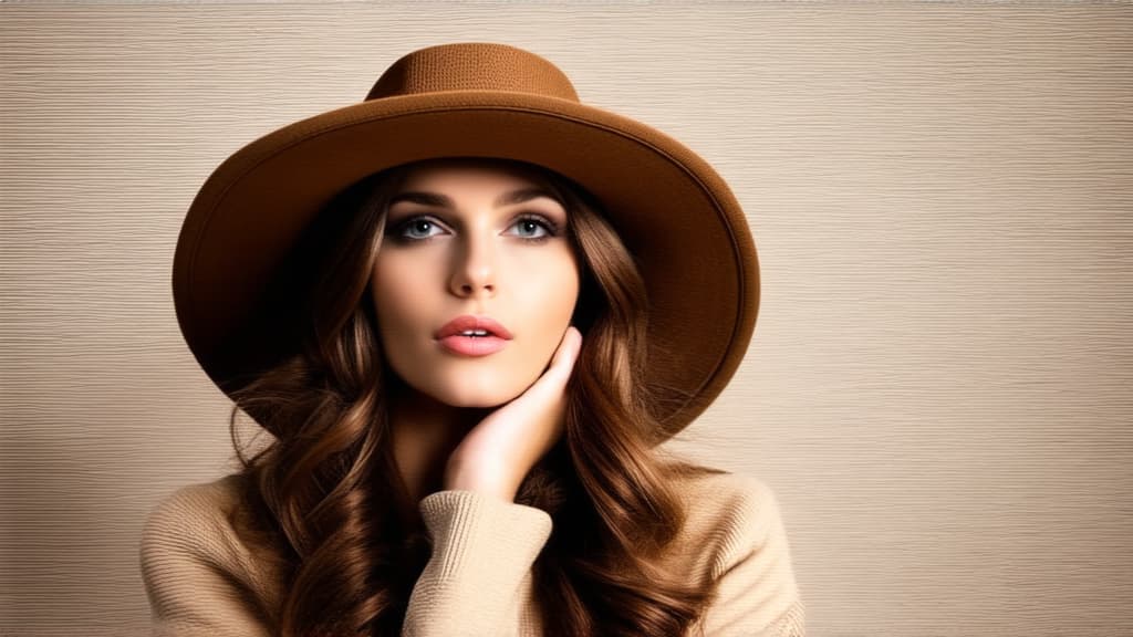  girl in a hat in beige and brown tones, in the style of a studio photo ar 16:9 {prompt}, maximum details