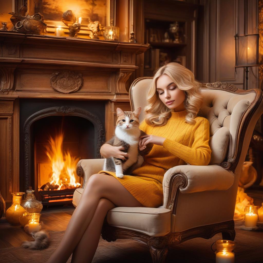  a beautiful girl blonde elegantly and relaxedly sits in a chair, in her legs a cat cozy curled up with a ball, next to a fireplace, various interior details, fire yellow tones, a cozy house, warm lighting, excellent quality, high detail