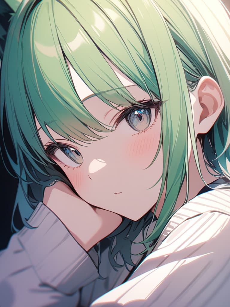  girls, bangs, medium hair, green hair, wolf ears, light light eyes, masterpiece, best quality,8k,ultra detailed,high resolution,an extremely delicate and beautiful,hyper detail