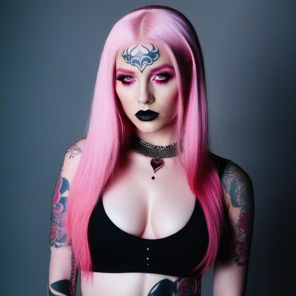  4 age women,full body shot ,full body portrait horrifying scary pale long pink hair ,full white eyes, black lips, black dripping eyeshadow tattoos,in pink cotton with pink trim