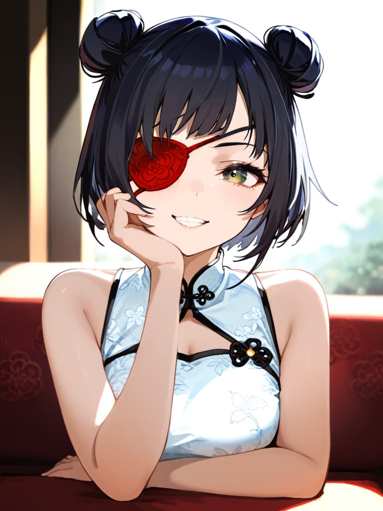  ultra detailed:1.2,masterpiece:1.2,best quality,masterpiece,bestquality,hdr:1.1,8k:1.1,very cute girl:1.3,(black hair,bob cut,double bun,double bun:1.4),((white china dress,japonica pattern:1.5)),((eyepatch redrose object:1.6))(seductive smile,grin:1.1),(sitting couch:1.3)((cross legs:1.3)),(head rest:1.3),(holding open handfan:1.2)(upper body,face focus:1.4)