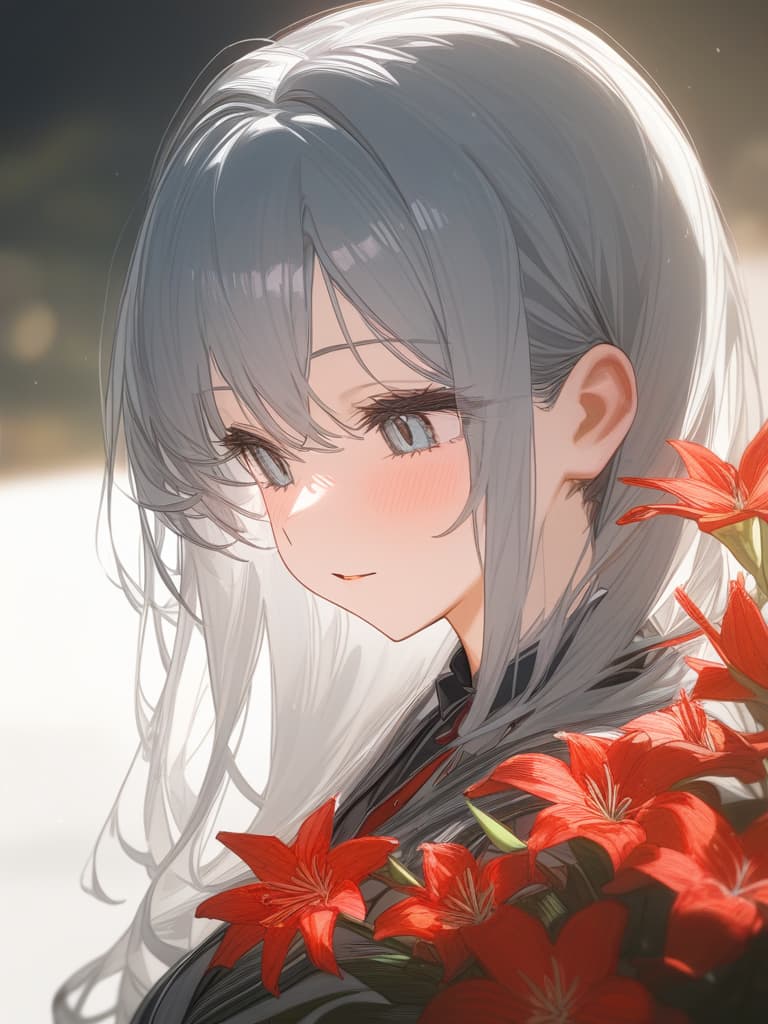  gray hair, cluster amaryllis, masterpiece, best quality,8k,ultra detailed,high resolution,an extremely delicate and beautiful,hyper detail