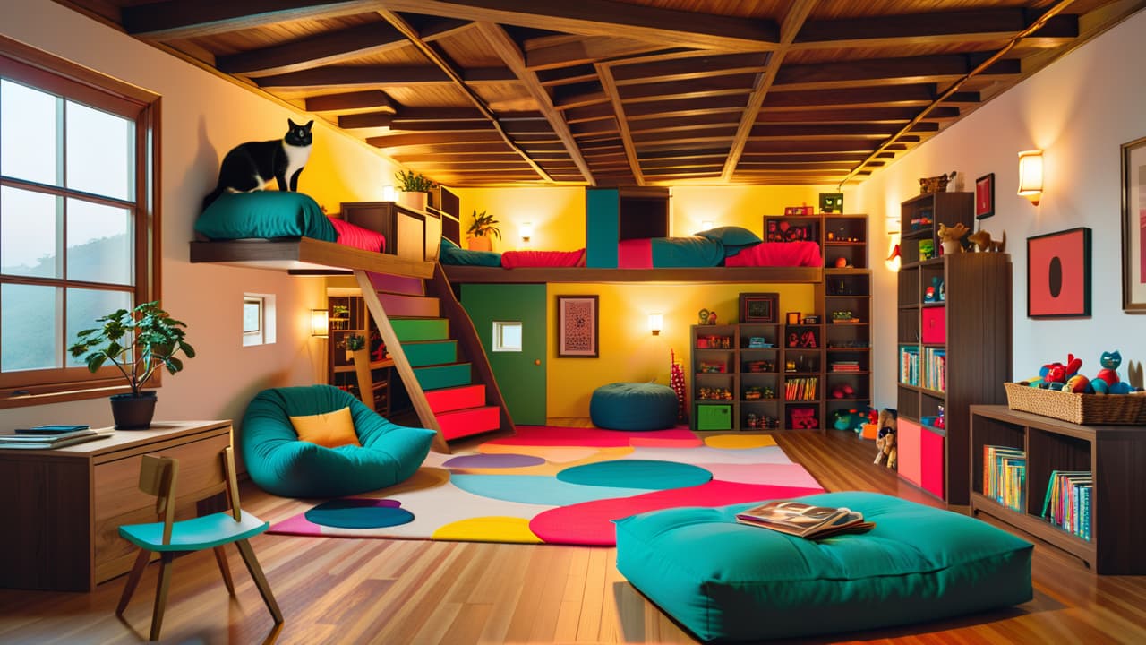  a cozy room filled with colorful, creative diy cat furniture: a multi level climbing tower with ramps, a whimsical cardboard maze, a plush hammock, and interactive toys, all surrounded by playful cats exploring their space. hyperrealistic, full body, detailed clothing, highly detailed, cinematic lighting, stunningly beautiful, intricate, sharp focus, f/1. 8, 85mm, (centered image composition), (professionally color graded), ((bright soft diffused light)), volumetric fog, trending on instagram, trending on tumblr, HDR 4K, 8K