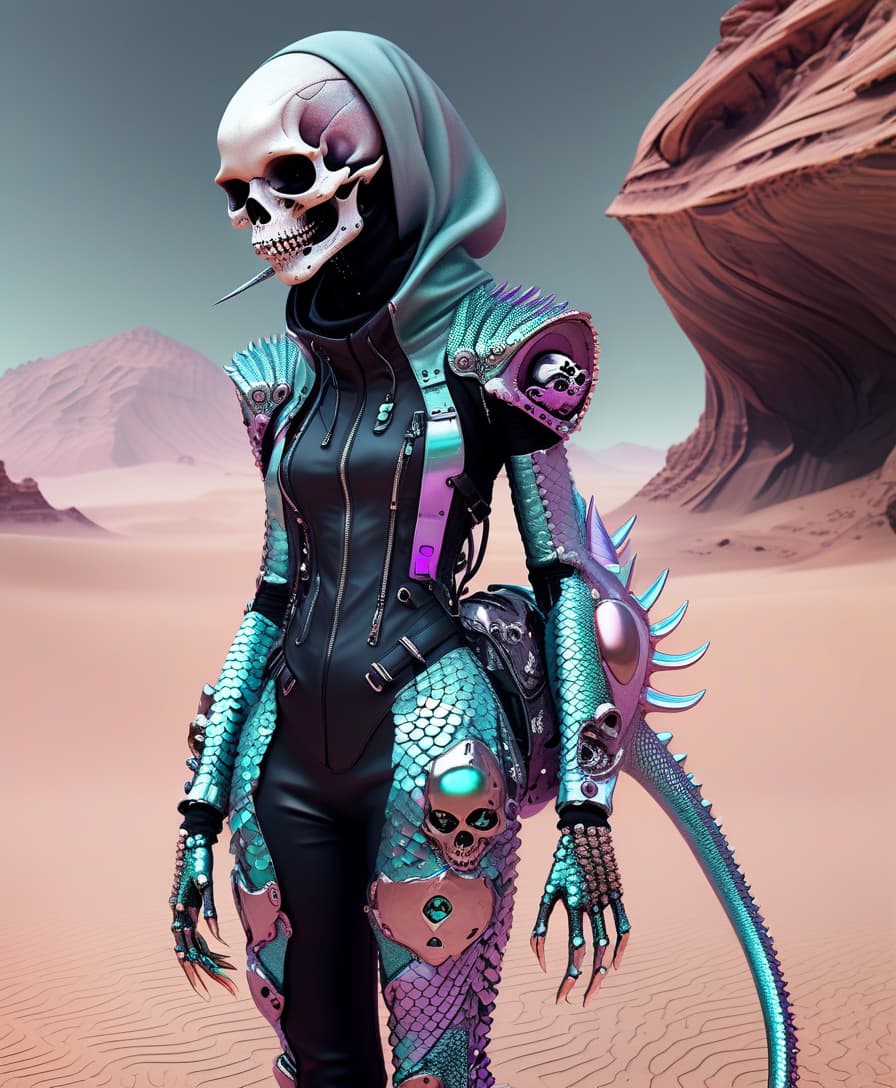  techwear fashion lizard scales. full length girl skull instead of face. chromium and precious stones, pastel tones. desert . futuristic, cyberpunk, urban, tactical, sleek, dark, highly detailed