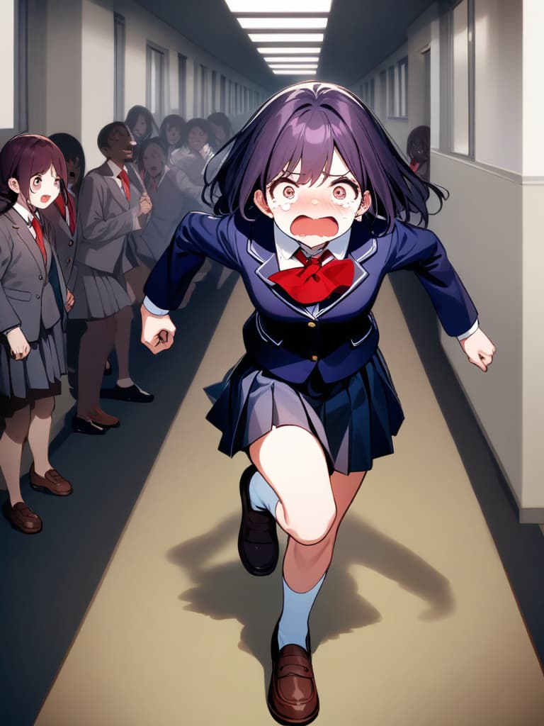  ultra detailed:1.2,masterpiece:1.2,best quality,masterpiece,bestquality,hdr:1.1,8k:1.1,very cute girl:1.3,(dark purple hair:1.3)(black school uniform,red ascot:1.4)((from front,full body:1.4))((running at school:1.6)),(scared,tears:1.3),(being chased by zombies:1.4)((school hallway:1.7))