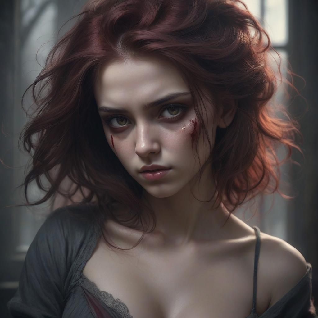  a girl with a brooding look, bloody hair, graceful and beautiful figure, high detail, soft light, artistic style, mysterious atmosphere