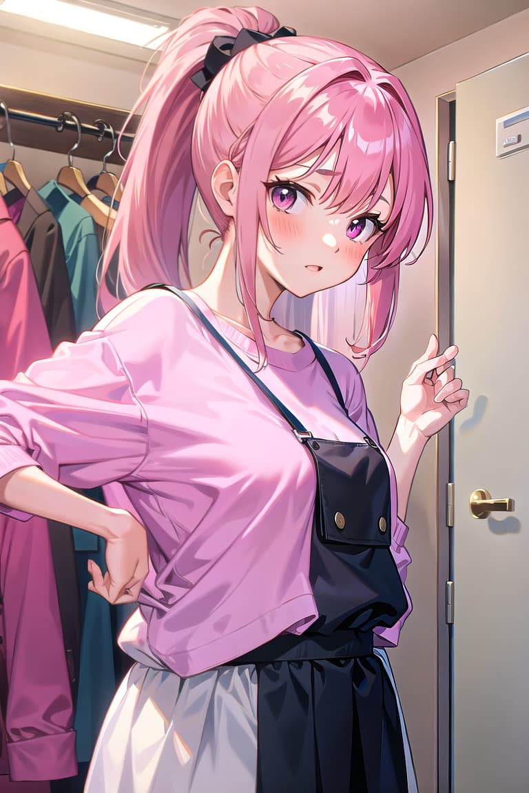 r 18, , middle , ,, pink haired ,ponytail,large eyes,A woman, interrupted while changing clothes in her bedroom,She wears pink .