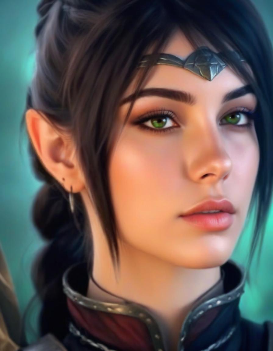  hdr photo of create a highly detailed portrait of a young female warrior with striking features, slender, angular face with high cheekbones and a sharp jawline, skin is fair and smooth, with a few faint scars on her left cheek, eyes are almond shaped and a deep, piercing green, giving her an intense, focused expression, gaze is serious, almost stern, reflecting her determination and inner strength, eyebrows are dark and well defined, arching slightly to add to her determined look, hair is dark brown, almost black, and is cut short, framing her face in a slightly tousled style, a small section of her hair is tied back with a thin, silver circlet adorned with a dark gemstone in the center, resting on her forehead, ears are slightly pointed, s