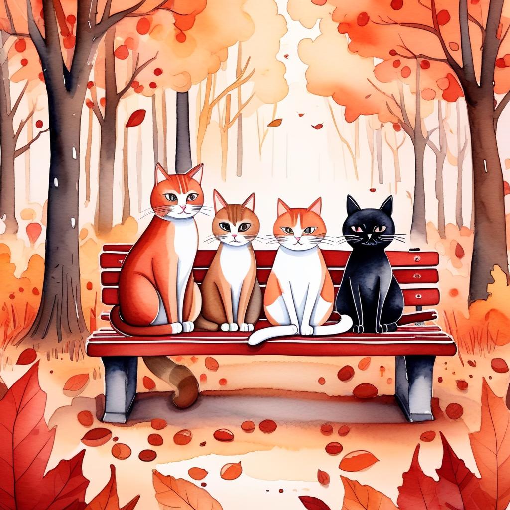  typographic art (painted) (watercolor) cute autumn forest background, autumn forest, soft shades, thin (ink outlines), objects on the edges of the sheet, many details, masterpiece, harmonious composition, autumn evening in a chestnut park, red brown colors, two cats are sitting on a bench, one cat is black and red, the second cat is white and red . stylized, intricate, detailed, artistic, text based