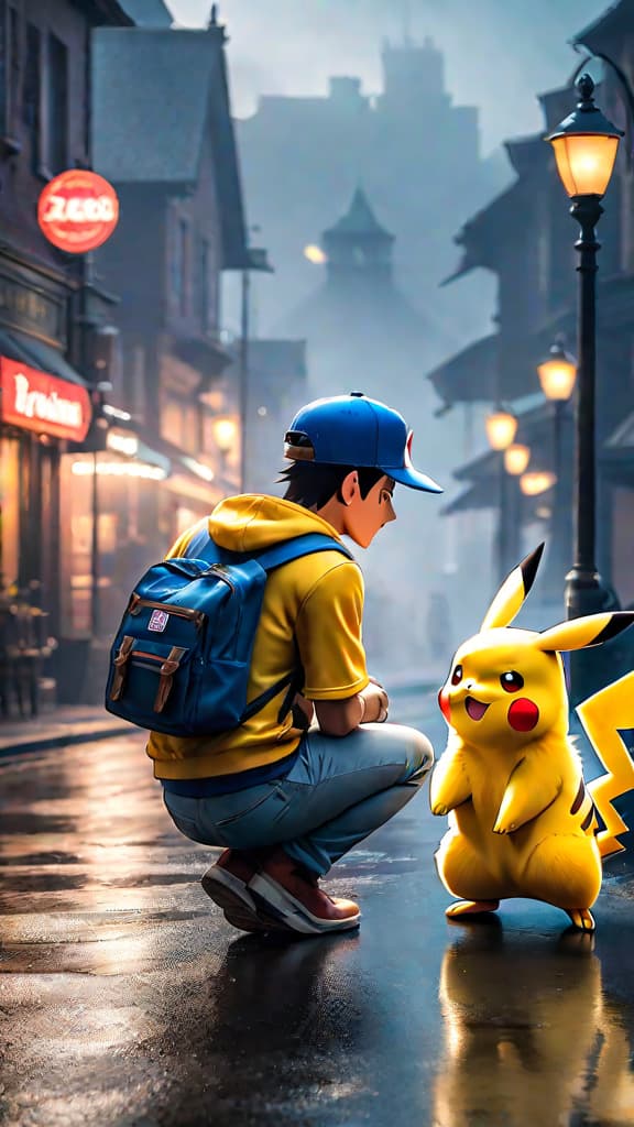  anime art ash ketchum and pikachu from pokémon sharing a heartfelt moment, symbolizing their unbreakable bond hyperrealistic, full body, detailed clothing, highly detailed, cinematic lighting, stunningly beautiful, intricate, sharp focus, f/1. 8, 85mm, (centered image composition), (professionally color graded), ((bright soft diffused light)), volumetric fog, trending on instagram, trending on tumblr, HDR 4K, 8K