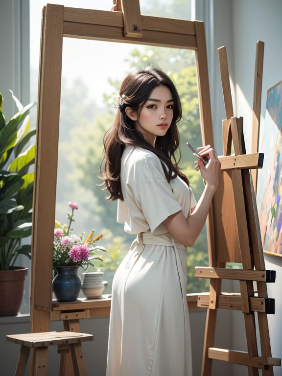  master piece, best quality, ultra detailed, highres, 4k.8k, female model, posing for a painting, confident and serene, break exploration of natural beauty, elegant art studio, easel, paintbrushes, flowers, natural light, break calm and inspirational, soft pastel colors, gentle shadows, artistic ambiance,