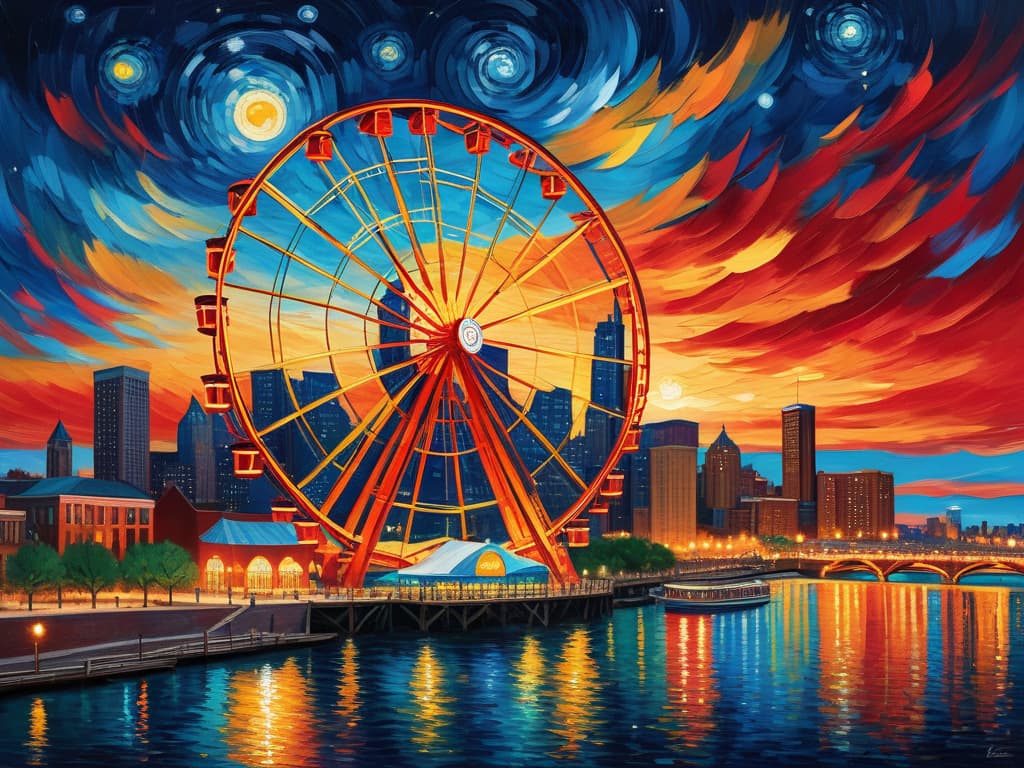  concept art chicago’s centennial ferris wheel, chicago’s navy pier, chicago skyline with prominent towers like willis, hancock, crains communication (slice building) with colorful van gogh swirls in the sky, van gogh's starry starry night with colorful red and orange swirls in the beautiful night sky, hyper realistic, chicago skyline, mesmerizing, intricate details, flambient golden and red sunrise, dramatic lighting, epic composition, wide angle, cinematic, masterpiece, high resolution, sharp details, best quality, 4k, raw photo, van gogh influence, studio lighting, impressionist, bold colors, starry sky, architectural elements, medium format lens, high angle, cityscape, city life, metropolitan, van gogh's brushstrokes, van gogh's shad