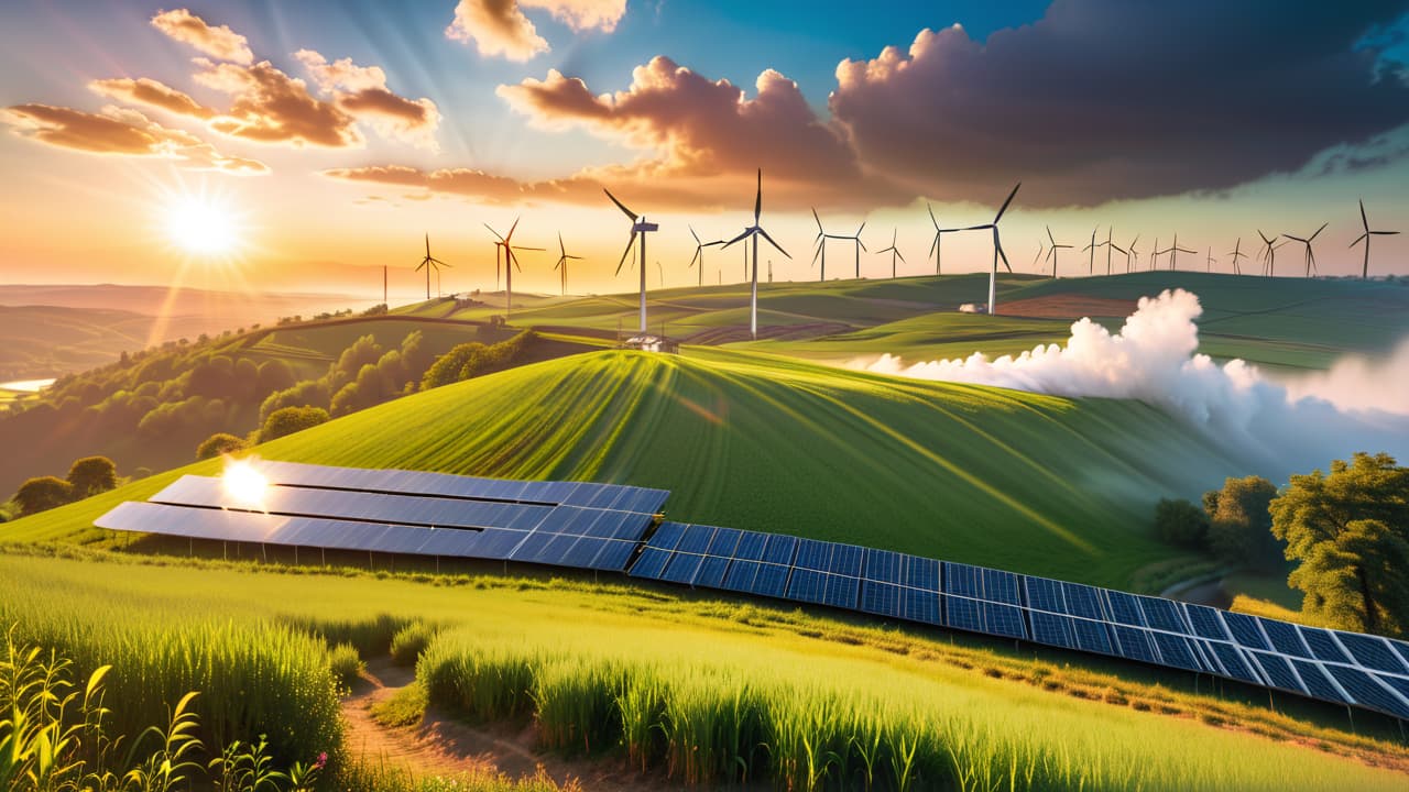  a vibrant landscape showcasing solar panels glistening under the sun, wind turbines spinning on rolling hills, a flowing river with a hydroelectric dam, geothermal steam rising from the ground, and lush fields of bioenergy crops. hyperrealistic, full body, detailed clothing, highly detailed, cinematic lighting, stunningly beautiful, intricate, sharp focus, f/1. 8, 85mm, (centered image composition), (professionally color graded), ((bright soft diffused light)), volumetric fog, trending on instagram, trending on tumblr, HDR 4K, 8K