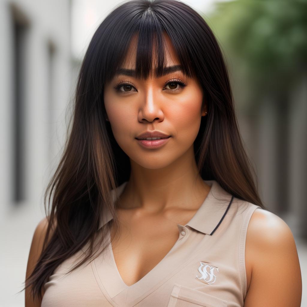  (((realistic full torso frontal head shot of a light tan skin tone woman))), kaede mio takahashi, ((japanese heritage)), immature face, hazel eye color, ((bangs hair style)), ((black hair color)), (( body type)), small size, small size, (immature round nose), (immature high cheekbones), (immature smooth jawline), (immature full lips), (immature medium forehead), (immature arched eyebrows), (immature defined chin), standing straight looking directly into the camera,((wearing fitted polo shirt with deep v neck and monogrammed pocket)), backyard in background, 1girl, best quality, highest quality, award winning photo, masterpiece, raw, professional photography, photorealism, sharp focus, cinematic, high resolution, sharp hyperrealistic, full body, detailed clothing, highly detailed, cinematic lighting, stunningly beautiful, intricate, sharp focus, f/1. 8, 85mm, (centered image composition), (professionally color graded), ((bright soft diffused light)), volumetric fog, trending on instagram, trending on tumblr, HDR 4K, 8K