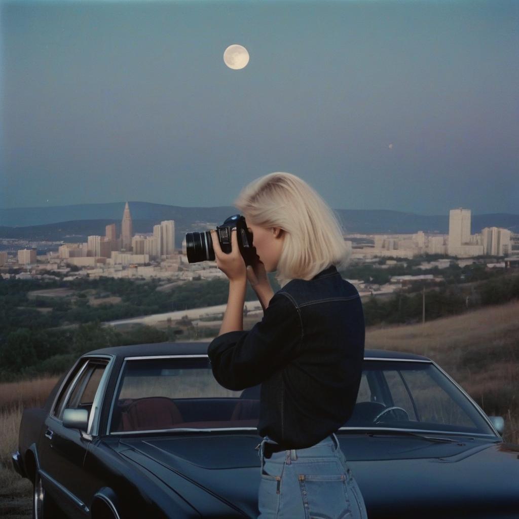  analog film photo a platinum blonde girl takes pictures on a polaroid in a black shirt, next to a guy there is a blonde in a denim shirt, a black car, a view from the hill, in the background the city, the time of dusk, a full light moon, the style of the 80 90s. . faded film, desaturated, 35mm photo, grainy, vignette, vintage, kodachrome, lomography, stained, highly detailed, found footage