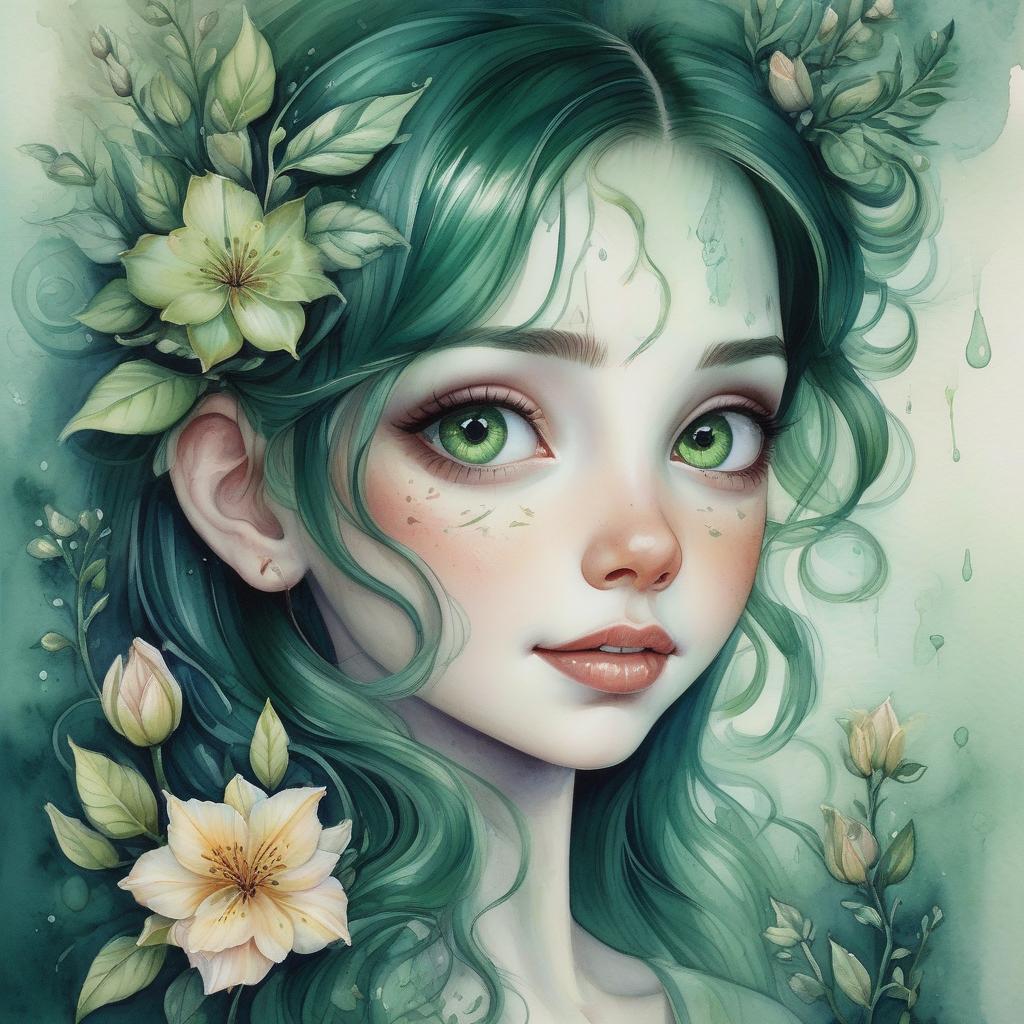  hyperrealistic art a hidden smile, a secret, who knows? idee von sady sadness . watercolors completely dark. green colors and flowers. no background. captured with exquisite detail on a canvas painting, the mesmerizing image evokes a sense of wonder and enchantment, showcasing the exquisite beauty of this unique creature. 3d, magical, fabulous, masterpiece painting, highly detailed, captivating, enchanting, diffuse light, perfect composition, watercolor, trending on artstation, sharp focus, studio photo, intricate details, highly detailed, by jasmine becket griffith watercolor, trending on artstation, sharp focus, studio photo, intricate details, very detailed . extremely high resolution details, photographic, realism pushed to extreme, fin