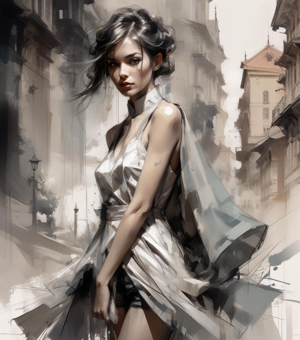  masterpiece, best quality, only one very beautiful woman wearing fashionable designer clothes in bern, with a landmark, perfect poses, soft colors, flowing brushstrokes, low angle, ink painting in the style of artists like russ mills, sakimichan, wlop, loish, artgerm, darek zabrocki, and jean baptiste monge