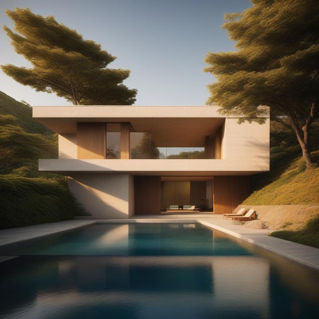  house in Tadao Ando style :: sunset, golden hour :: postproduction --ar 3:2