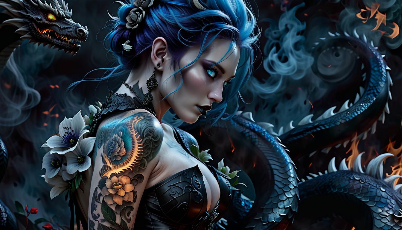  macabre style . dragon fire, fur, fiery fur on the bo dy, tattoos all over the bo dy, body patterns, gothic, mother of pearl skin, blue eyes, sharp teeth, long black claws, tail, flowers on the bust, buxom, curvy hips, lies on black flowers, huge fire dragon, dragon tail, debody, art, back view, back view, slightly turned head . dark, gothic, grim, haunting, highly detailed, perfecteyes, hkmagic, civitai, glowneon