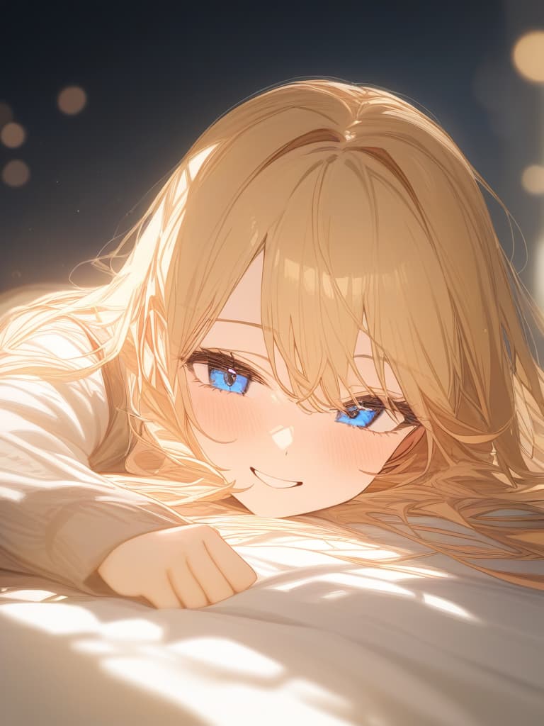  blond, girl, lying down, smiling, blue eyes, masterpiece, best quality,8k,ultra detailed,high resolution,an extremely delicate and beautiful,hyper detail