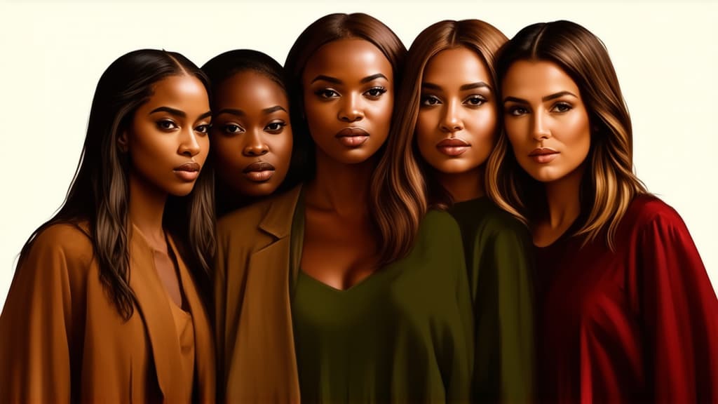  group of women. sisterhood concept. illustrations of women standing close to each other. ar 16:9, (natural skin texture), highly detailed face, depth of field, hyperrealism, soft light, muted colors