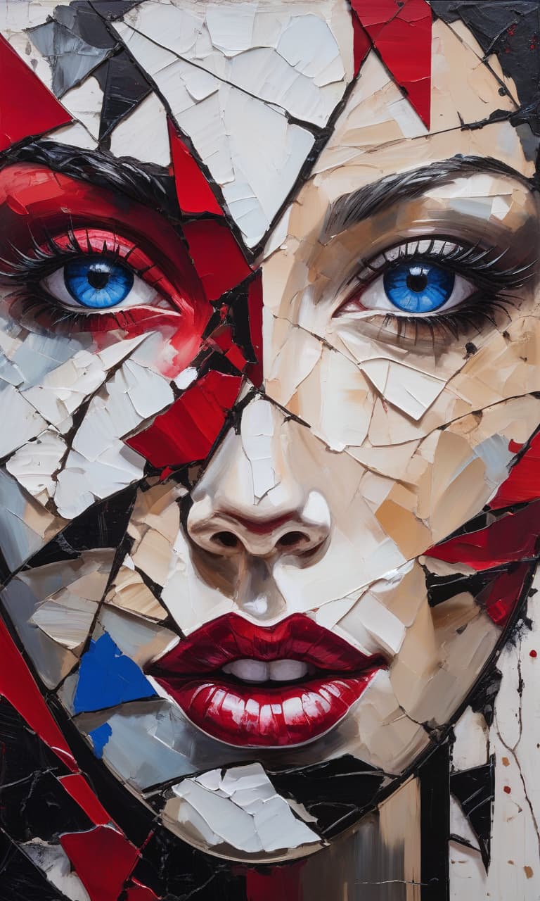  (textured palette knife strokes:1.3) envelop the canvas in a striking (diptych:1.2), showcasing a left half of (crimson:1.2) and a right half of (inky black:1.3). the (shattered texture:1.3) creates an intriguing contrast, featuring a (close up abstract face:1.2) with (intense blue eyes:1.1) that draw the viewer in. the face intricately merges with the (canvas texture:1.3), resulting in an arresting (high quality dark art:1.2) piece that embodies the essence of (shattered abstraction:1.3), sparking curiosity and contemplation.