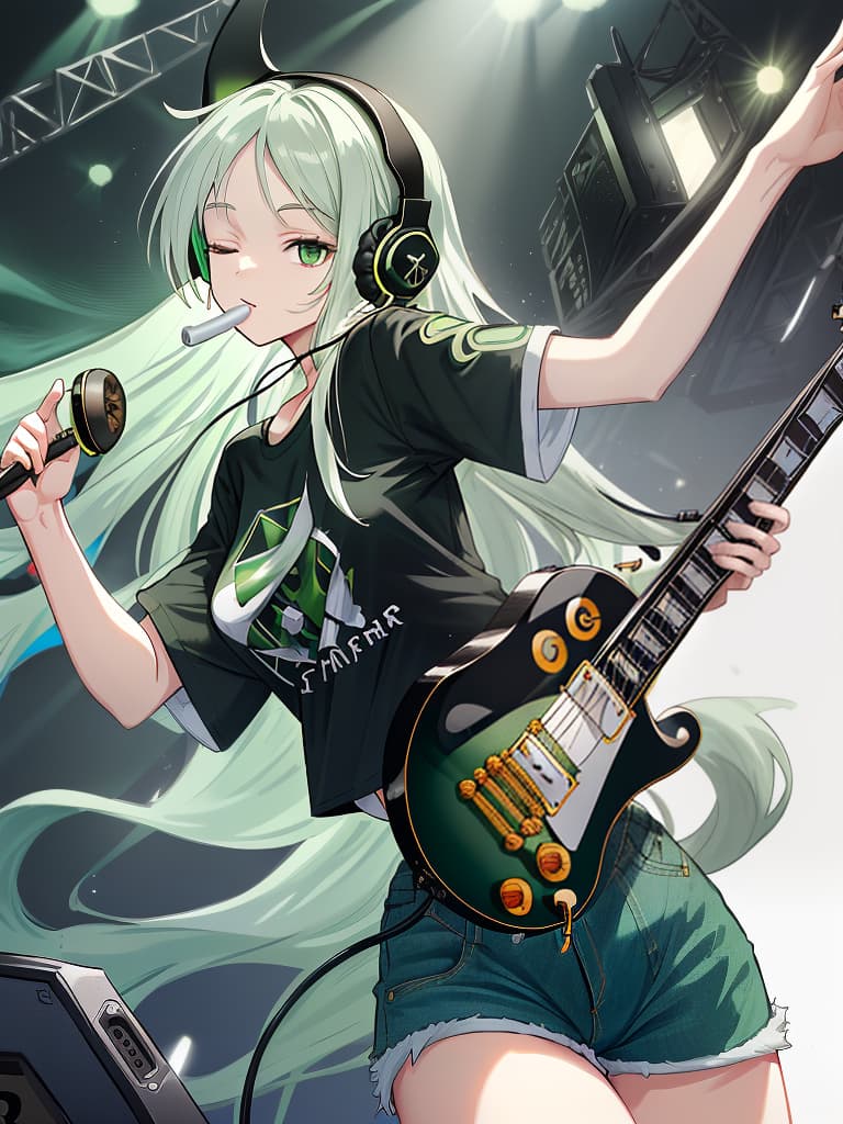  (white background:1.3),(extremely detailed fine touch:1.3),(hard light,studio light,light rays,dappled light,reflection,shadows,ray tracing:1.0),///,,(((green very long hair:1.3))),headphone,forehead,having a bird's eye view,anime style,super fine ilration,highly detailed,dynamic angle,beautiful detailed,8k,on stage break a woman,(((headphone:1.3))),on both ,strumming an electric guitar. she arches her back,closes her eyes and looks joyful. break a spotlight shines on her,(t shirt:1.3),(denim shorts:1.3),(black les paul custom:1.3)