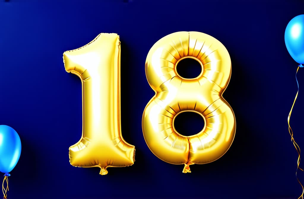  balloons in shape of number 18 with flying balloons on dark blue background. ar 3:2 {prompt}, maximum details