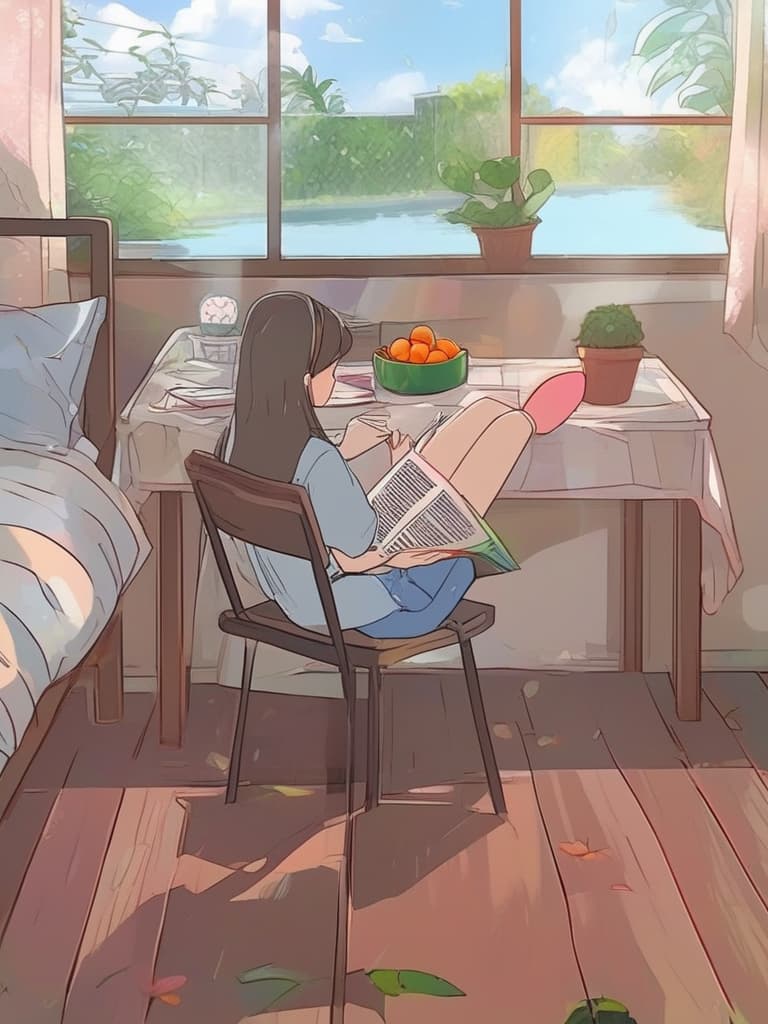  fantasy, illustration, girl, reading, bed, cat, resting, book, imagination, room, table, fruit tray, cup, bowl, crockery, flower pot, plant, corner, shiny tie, ambiance, magical, cozy, relaxing, captivating, whimsical, detailed, 4k, vivid colors, soft light, surrealism highly detailed illustration, sharp details, best quality, 4k, raw photo