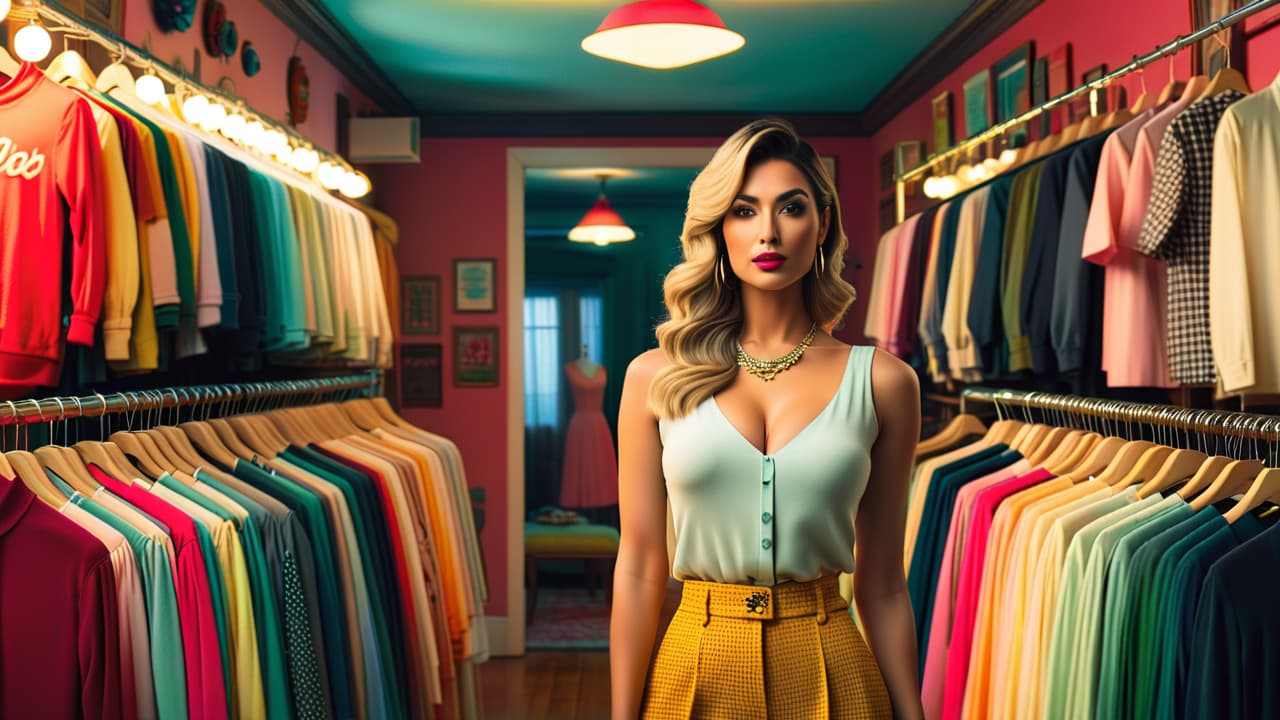  a split image showcasing a vibrant vintage boutique filled with pristine clothing on one side, and a cluttered thrift store overflowing with worn garments on the other, both adorned with retro decor and soft lighting. hyperrealistic, full body, detailed clothing, highly detailed, cinematic lighting, stunningly beautiful, intricate, sharp focus, f/1. 8, 85mm, (centered image composition), (professionally color graded), ((bright soft diffused light)), volumetric fog, trending on instagram, trending on tumblr, HDR 4K, 8K