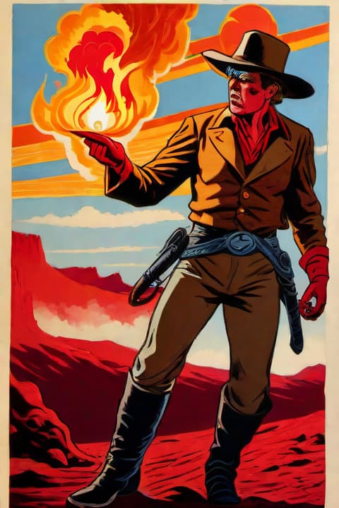  a dramatic scene depicting homelander, a powerful superhero with a charismatic yet sinister demeanor, using his heat vision to incinerate a cowboy in a wild west setting. the cowboy, dressed in traditional attire including a wide brimmed hat and leather boots, looks shocked as flames erupt from homelander's eyes. the backdrop features a dusty desert landscape with tumbleweeds and a setting sun casting long shadows. the colors are vivid, with bright reds and oranges from the fire contrasted against the pale blue sky, creating a sense of intense action and drama.