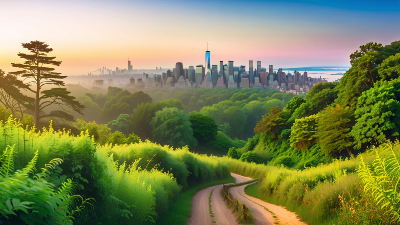  a scenic view of a rugged mountain biking trail winding through lush greenery, with towering trees and rocky paths, set against the backdrop of the nyc skyline peeking through the foliage. hyperrealistic, full body, detailed clothing, highly detailed, cinematic lighting, stunningly beautiful, intricate, sharp focus, f/1. 8, 85mm, (centered image composition), (professionally color graded), ((bright soft diffused light)), volumetric fog, trending on instagram, trending on tumblr, HDR 4K, 8K