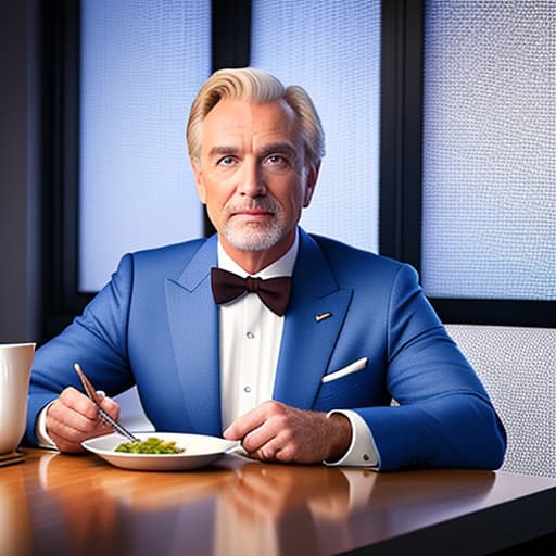   old caucasian male with blond hair and blue eyes wearing a blue three piece suit seated at the table of a fine dining establishment hyperrealistic, full body, detailed clothing, highly detailed, cinematic lighting, stunningly beautiful, intricate, sharp focus, f/1. 8, 85mm, (centered image composition), (professionally color graded), ((bright soft diffused light)), volumetric fog, trending on instagram, trending on tumblr, HDR 4K, 8K