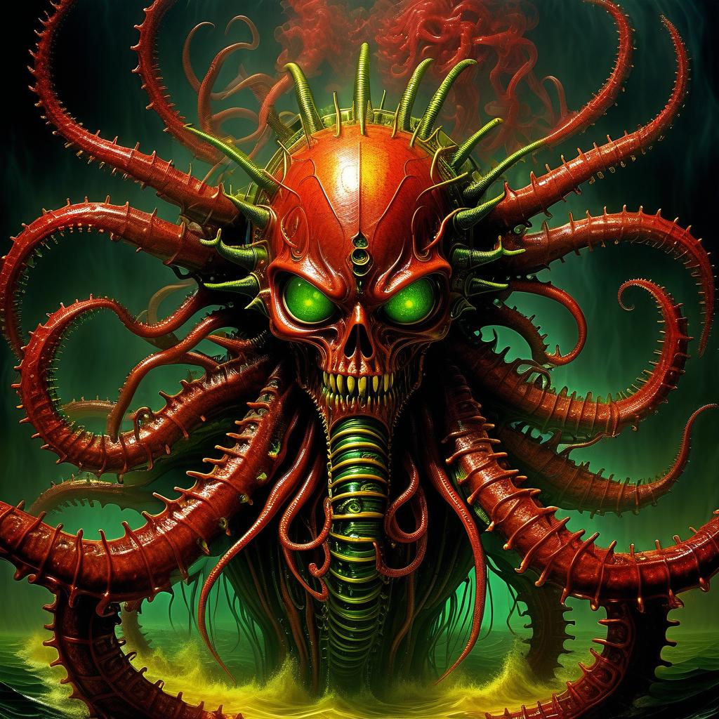  nautical themed beautiful demone hellraiser whisperer giger demon looks scary prickly red watch in yellow smoke and green sparks suction wings looks scary prickly red watch in yellow smoke and green sparks suction cups tentacles eyes all lower jaw sting tentacles claws and a terrible moan in red smoke . sea, ocean, ships, maritime, beach, marine life, highly detailed