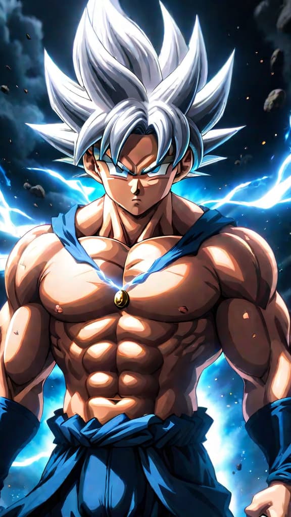  anime art, goku in ultra instinct form, silver hair shining, intense battle aura, dragon ball super hyperrealistic, full body, detailed clothing, highly detailed, cinematic lighting, stunningly beautiful, intricate, sharp focus, f/1. 8, 85mm, (centered image composition), (professionally color graded), ((bright soft diffused light)), volumetric fog, trending on instagram, trending on tumblr, HDR 4K, 8K