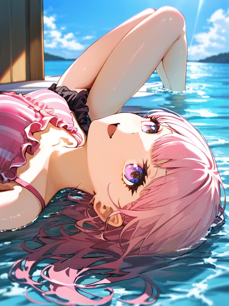  ultra detailed:1.2,masterpiece:1.2,best quality,masterpiece,bestquality,hdr:1.1,8k:1.1,very cute girl:1.3,(pink color,frill ,swimwear:1.6),(lying from side,at striped float bed on sea:1.8) ,smile:1.4 ,(blonde hair,twin tail,drill hair:1.3) ,(on the sea:1.7),upper body:1.3,dutch angel:1.5,open mouth,(upside down:1.7)(from above:1.1)((eyes highlight:1.1))