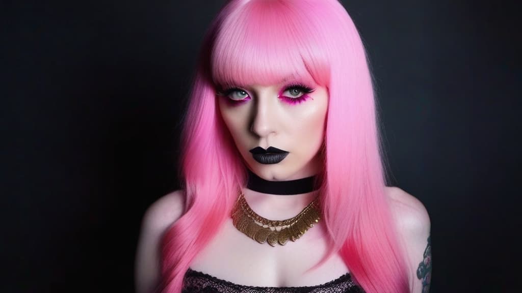  4 age women,full body shot ,full body portrait horrifying scary pale long pink hair ,full white eyes, black lips, black dripping eyeshadow tattoos,in pink cotton with pink trim