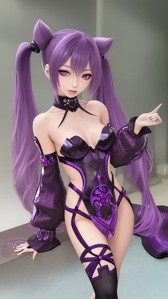  naked female, keqing (genshin impact),purple eyes,purple hair,twintails, hair ornament,bare shoulders,dress,hair bun,detached sleeves,