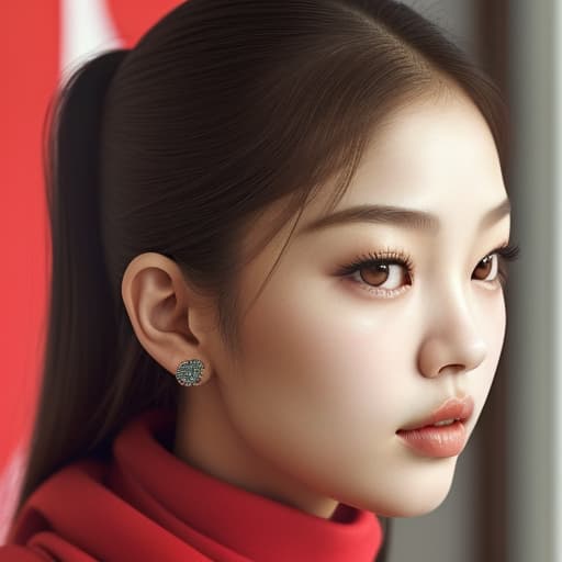  (--Style Photoralism, Jennie Kim),(full body::1) a close up of a woman with a red scarf on, blackpink jennie, popular south korean makeup, portrait of female korean idol, popular korean makeup, beautiful south korean woman, harpers bazaar, harper's bazaar, beautiful oriental woman, korean face features, dior campaign, korean audrey hepburn, vogue journal cover, inspired by Zhang Shuqi, detailed face of a asian girl