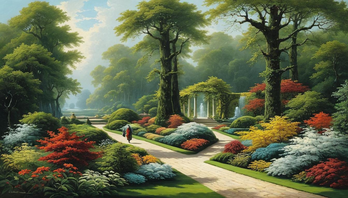  （surrealism)a picturesque garden, one figure walking calmly along a path, another figure in the distance running hurriedly, sense of peaceful progression and frantic competition, serene landscape, focused ambition mystic, intricate details, best quality)